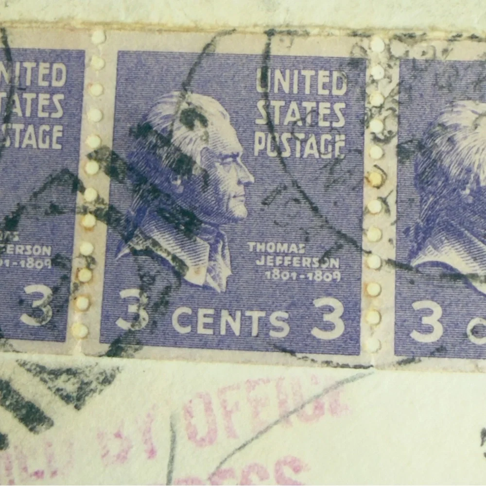 1930's Thomas Jefferson (4 Attached) Purple 3 Cents US‎ Postage Stamp Used #C012 - Picture 3 of 6